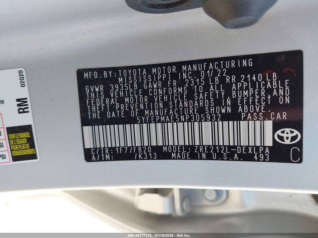 5YFEPMAE5NP305932 2022 TOYOTA COROLLA photo no. 9
