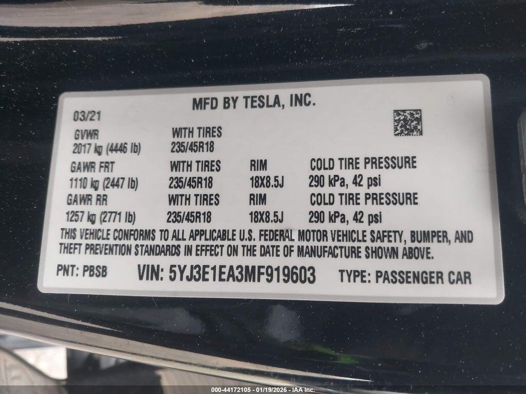 5YJ3E1EA3MF919603 2021 TESLA MODEL 3 photo no. 9