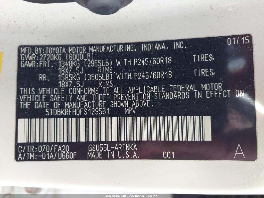 5TDBKRFH0FS129561 2015 TOYOTA HIGHLANDER photo no. 9