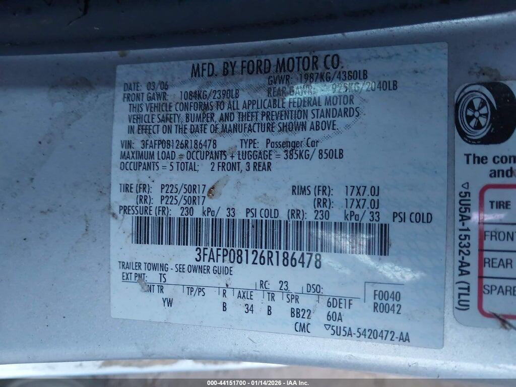 3FAFP08126R186478 2006 FORD FUSION photo no. 9