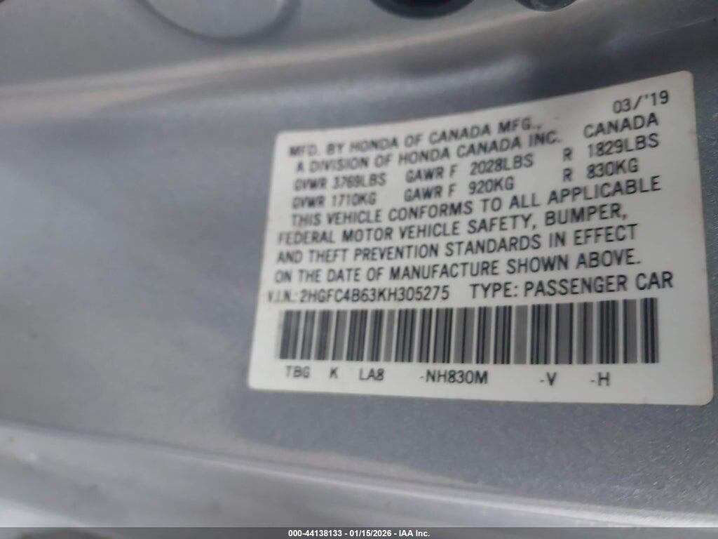 2HGFC4B63KH305275 2019 HONDA CIVIC photo no. 9