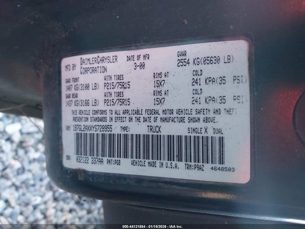 1B7GL2AXXYS728955 2000 DODGE DAKOTA photo no. 9