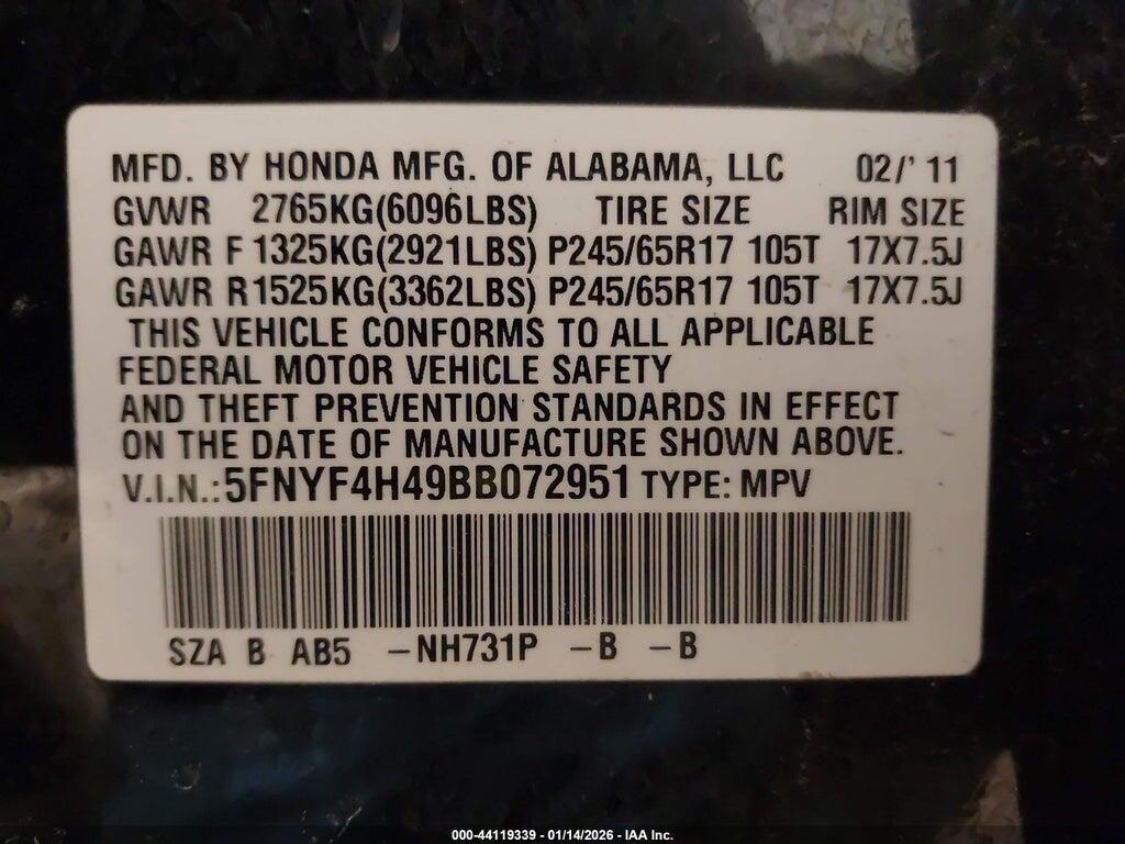 5FNYF4H49BB072951 2011 HONDA PILOT photo no. 9