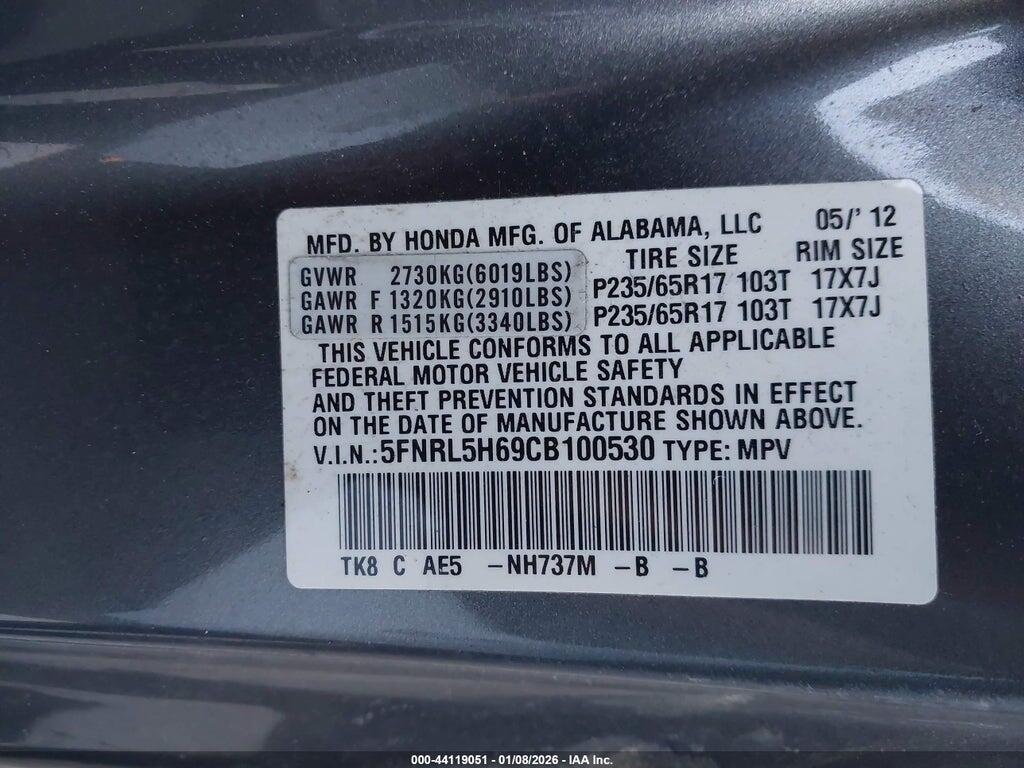 5FNRL5H69CB100530 2012 HONDA ODYSSEY photo no. 9