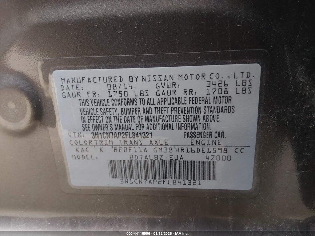 3N1CN7AP2FL841321 2015 NISSAN VERSA photo no. 9
