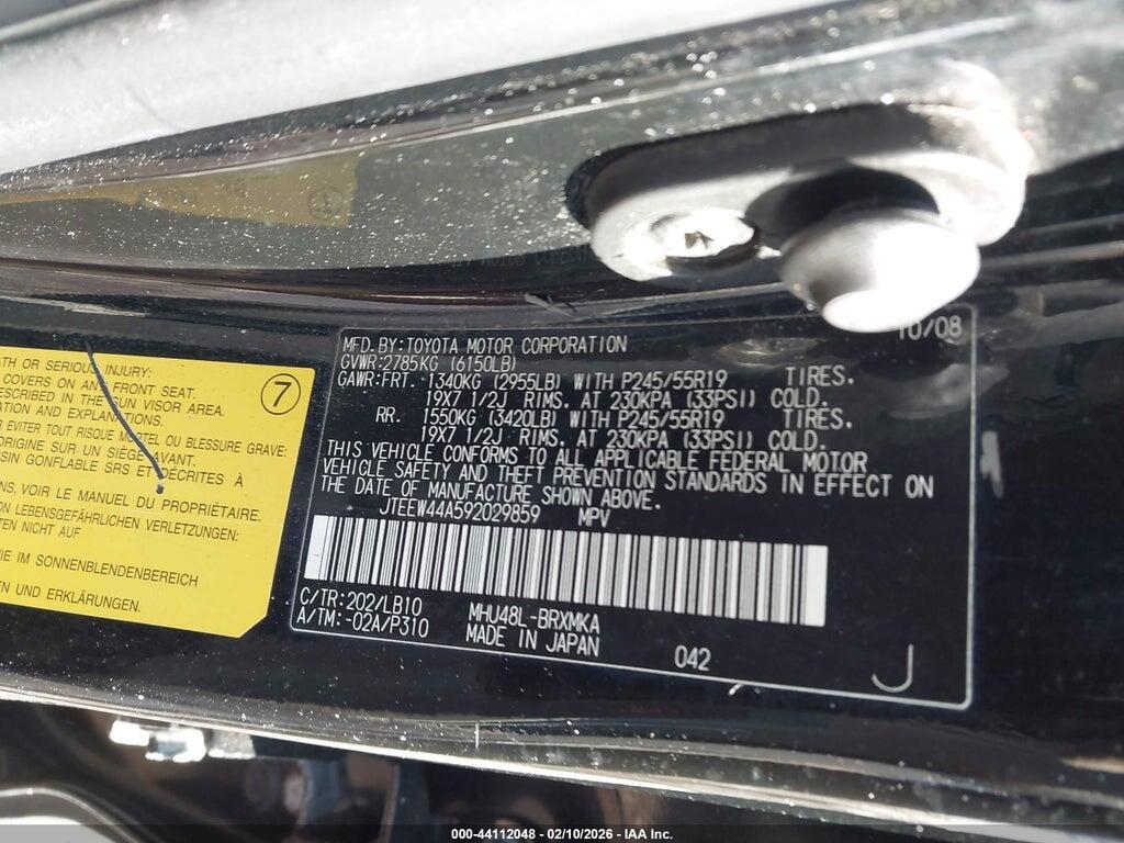 JTEEW44A592029859 2009 TOYOTA HIGHLANDER HYBRID photo no. 9