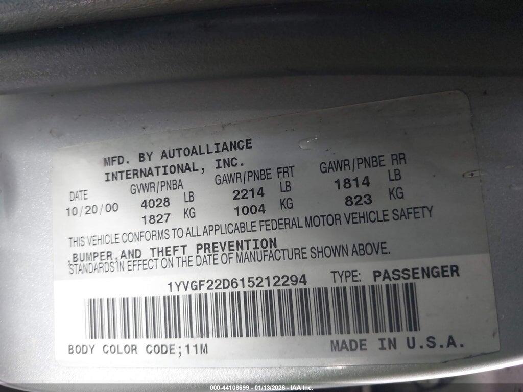 1YVGF22D615212294 2001 MAZDA 626 photo no. 9