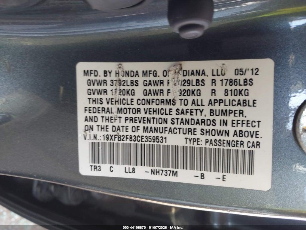 19XFB2F83CE359531 2012 HONDA CIVIC photo no. 9
