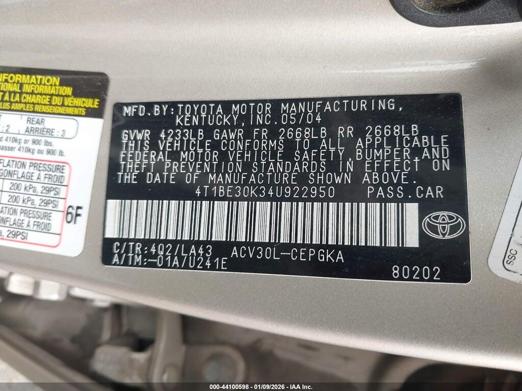 4T1BE30K34U922950 2004 TOYOTA CAMRY photo no. 9