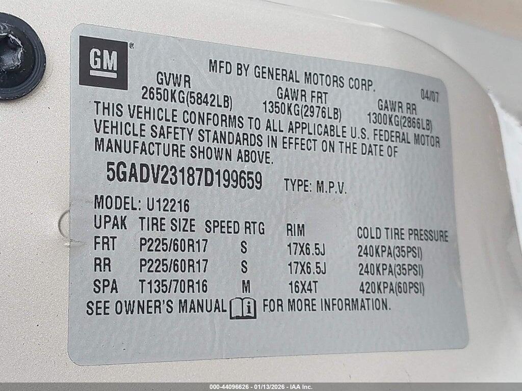 5GADV23187D199659 2007 BUICK TERRAZA photo no. 9