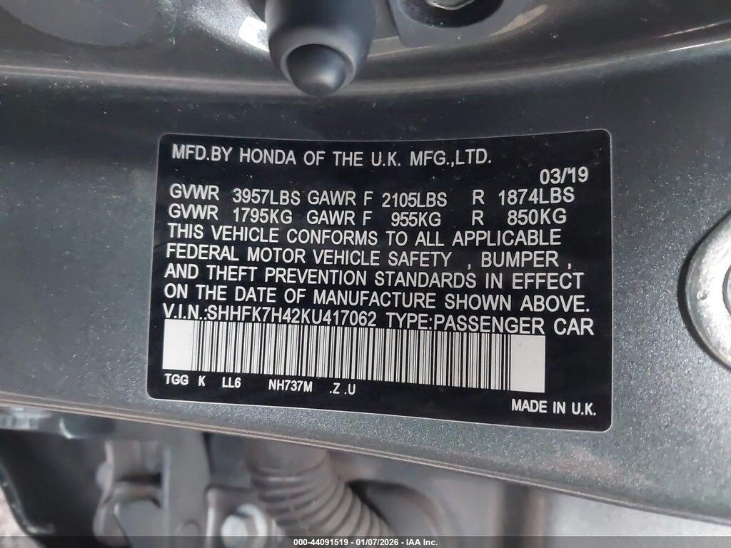 SHHFK7H42KU417062 2019 HONDA CIVIC photo no. 9