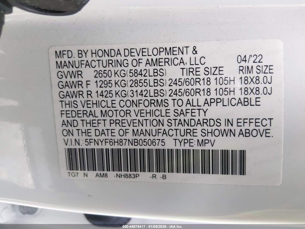5FNYF6H87NB050675 2022 HONDA PILOT photo no. 9