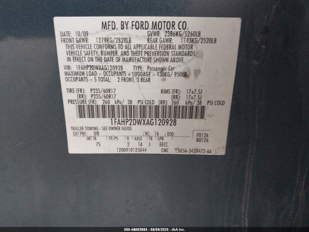 1FAHP2DWXAG120928 2010 FORD TAURUS photo no. 9