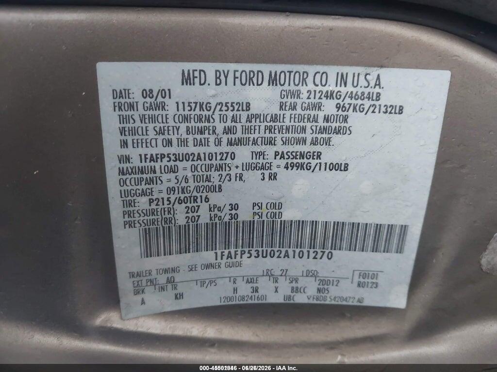 1FAFP53U02A101270 2002 FORD TAURUS photo no. 9