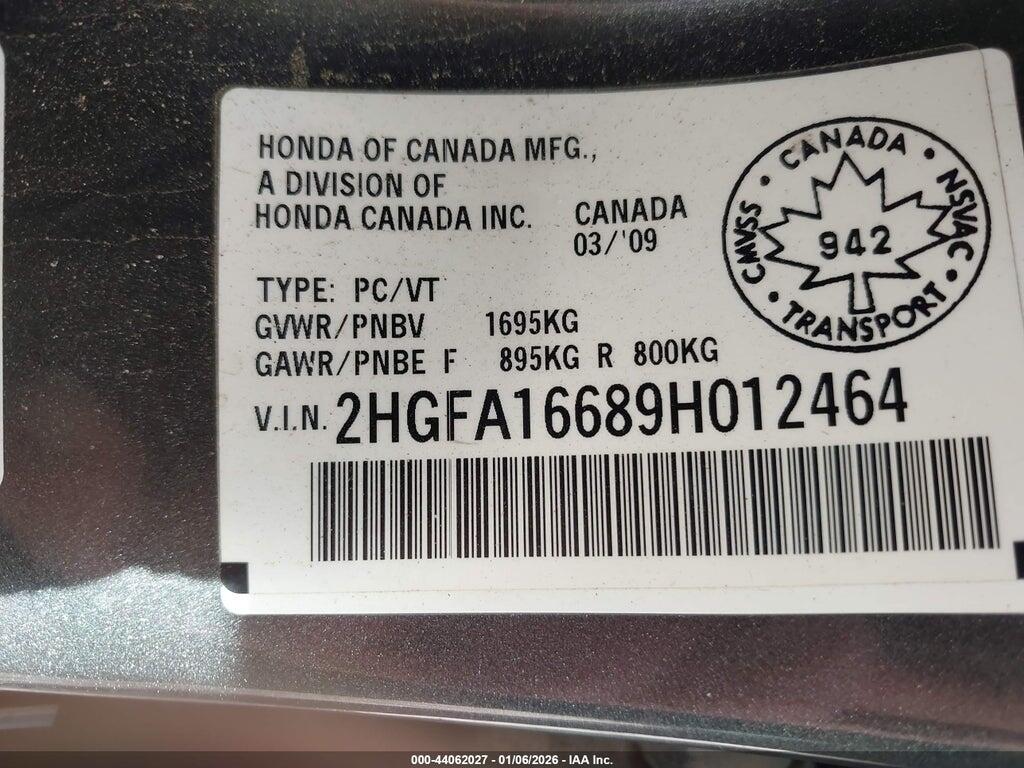 2HGFA16689H012464 2009 HONDA CIVIC photo no. 9