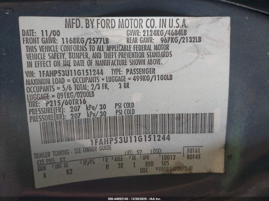 1FAHP53U11G151244 2001 FORD TAURUS photo no. 9