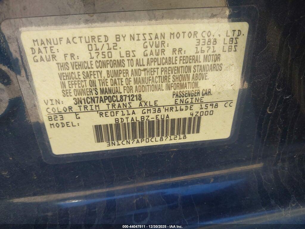 3N1CN7AP0CL871218 2012 NISSAN VERSA photo no. 9