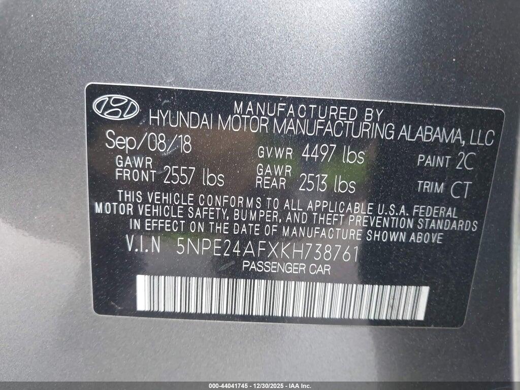 5NPE24AFXKH738761 2019 HYUNDAI SONATA photo no. 9