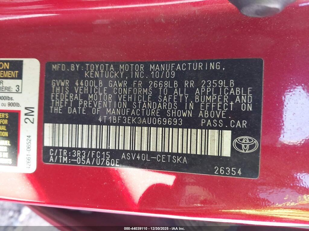 4T1BF3EK3AU069693 2010 TOYOTA CAMRY photo no. 9
