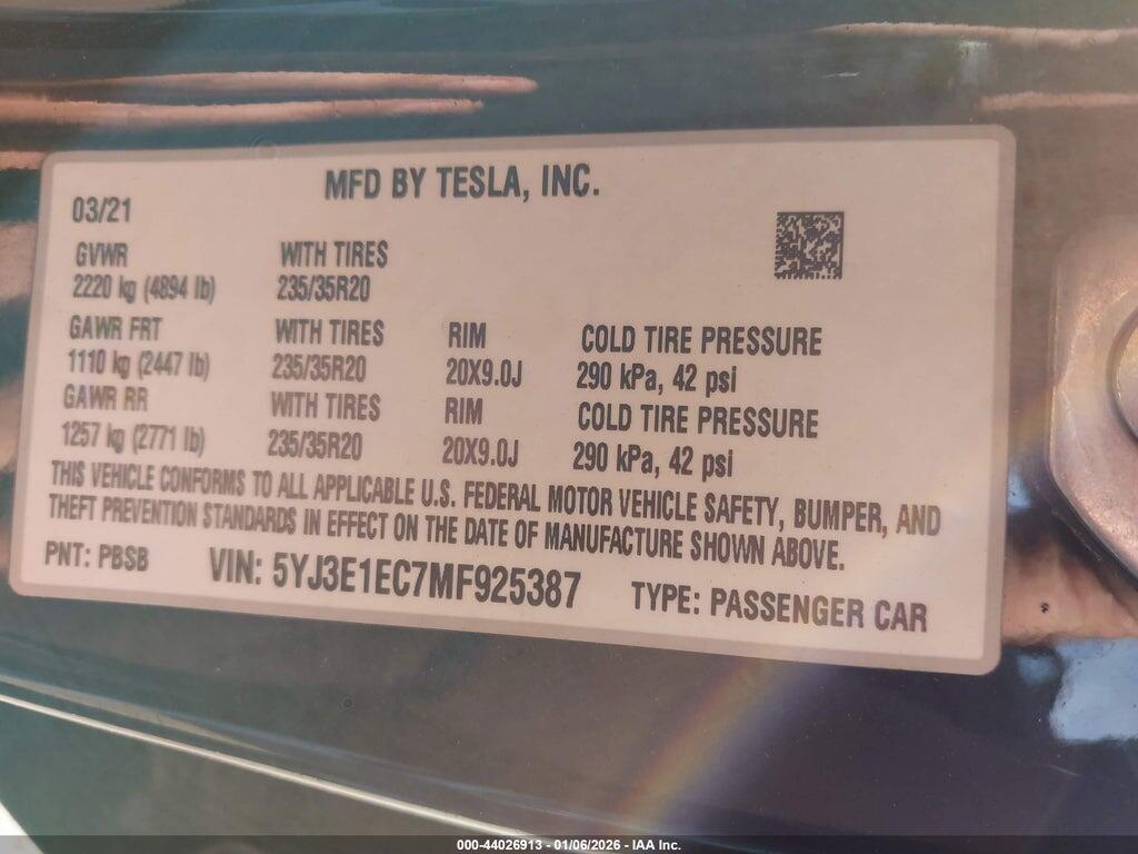 5YJ3E1EC7MF925387 2021 TESLA MODEL 3 photo no. 9