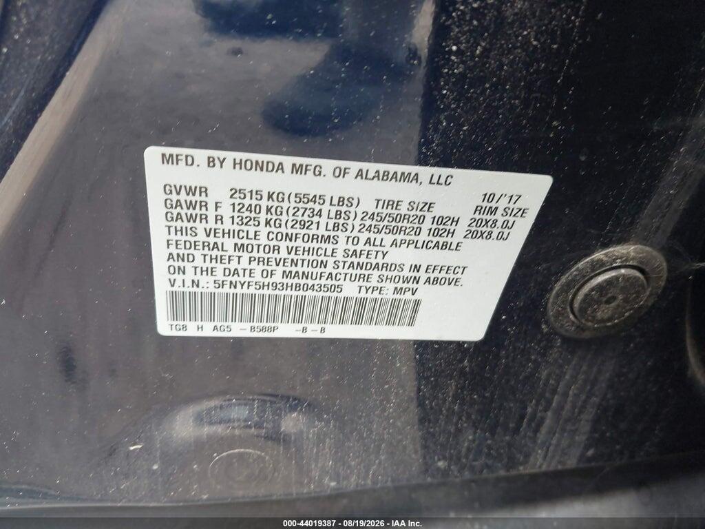5FNYF5H93HB043505 2017 HONDA PILOT photo no. 9
