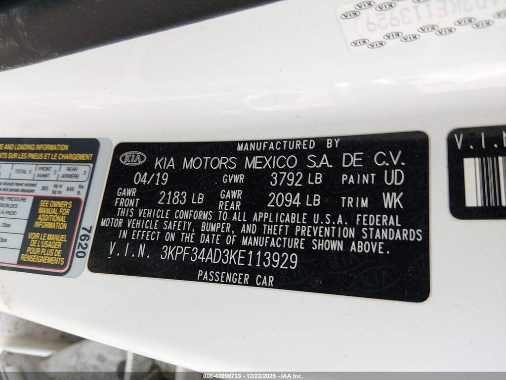 3KPF34AD3KE113929 2019 KIA FORTE photo no. 9