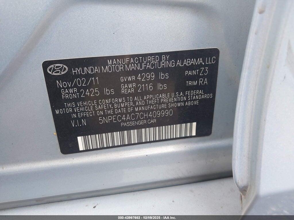 5NPEC4AC7CH409990 2012 HYUNDAI SONATA photo no. 9