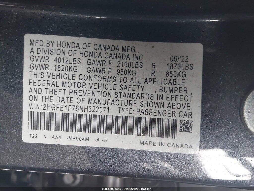 2HGFE1F76NH322071 2022 HONDA CIVIC photo no. 9