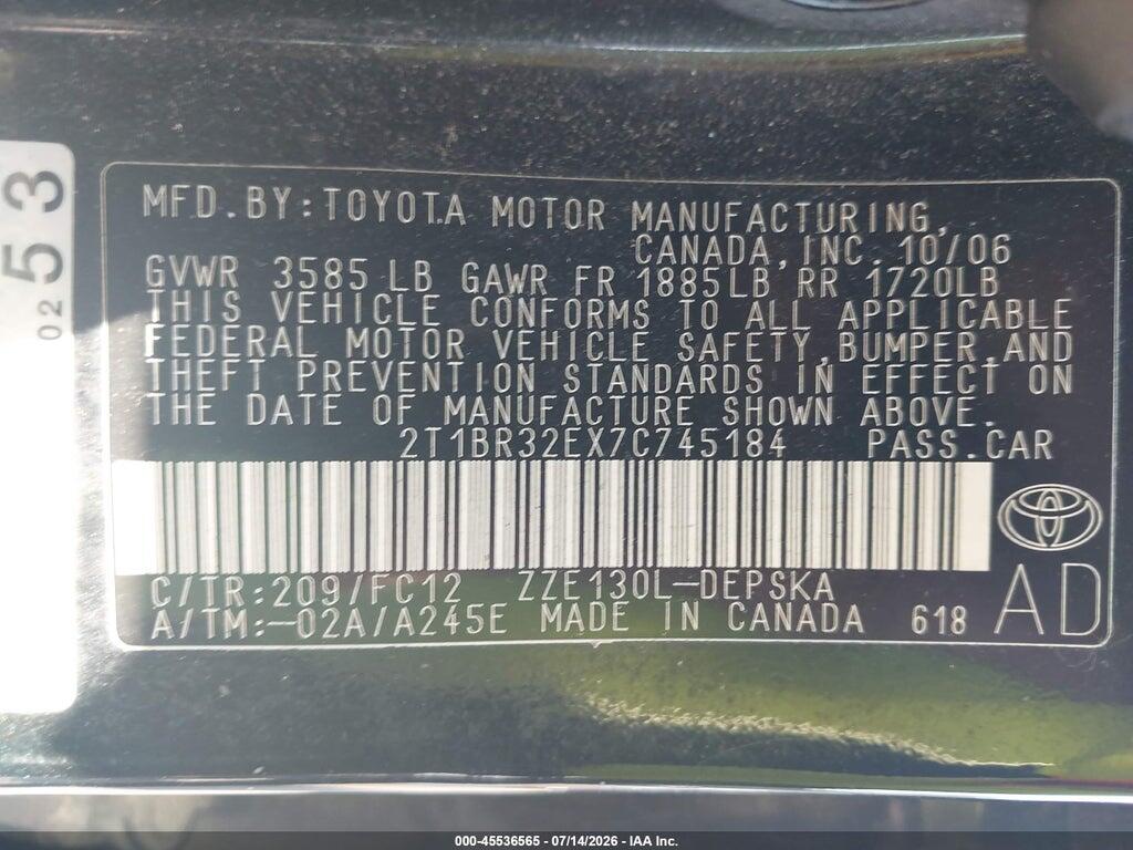 2T1BR32EX7C745184 2007 TOYOTA COROLLA photo no. 9