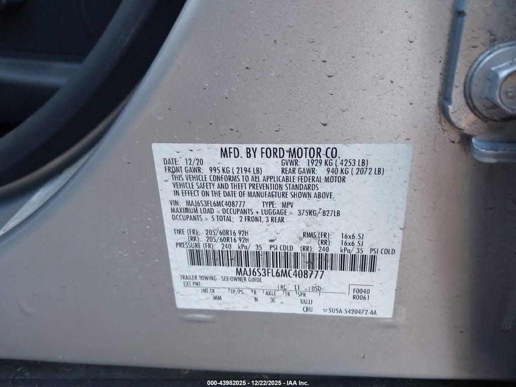 MAJ6S3FL6MC408777 2021 FORD ECOSPORT photo no. 9
