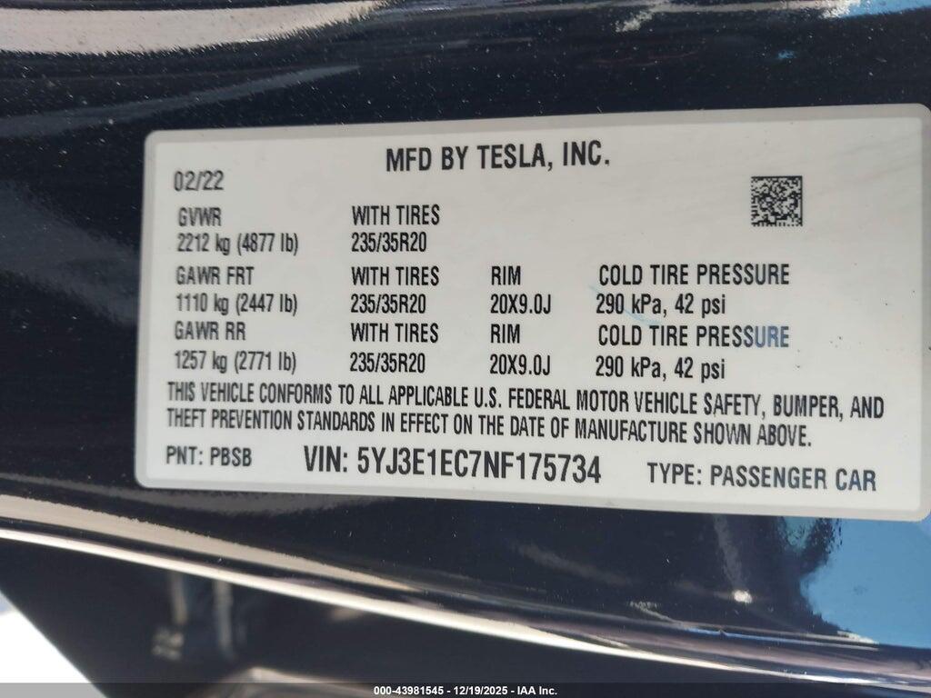 5YJ3E1EC7NF175734 2022 TESLA MODEL 3 photo no. 9