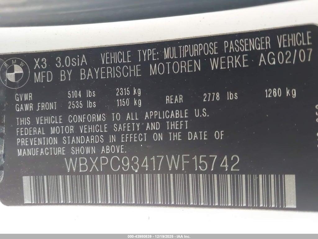 WBXPC93417WF15742 2007 BMW X3 photo no. 9
