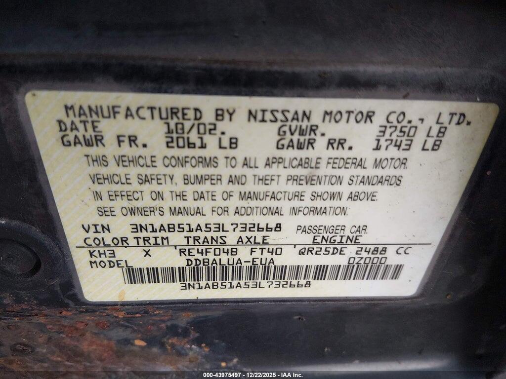 3N1AB51A53L732668 2003 NISSAN SENTRA photo no. 9