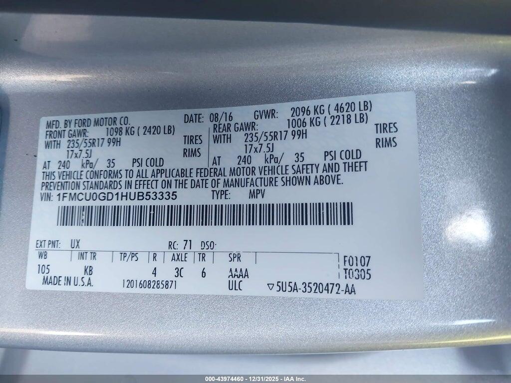 1FMCU0GD1HUB53335 2017 FORD ESCAPE photo no. 9