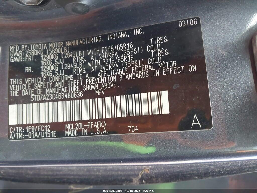 5TDZA23C46S480636 2006 TOYOTA SIENNA photo no. 9