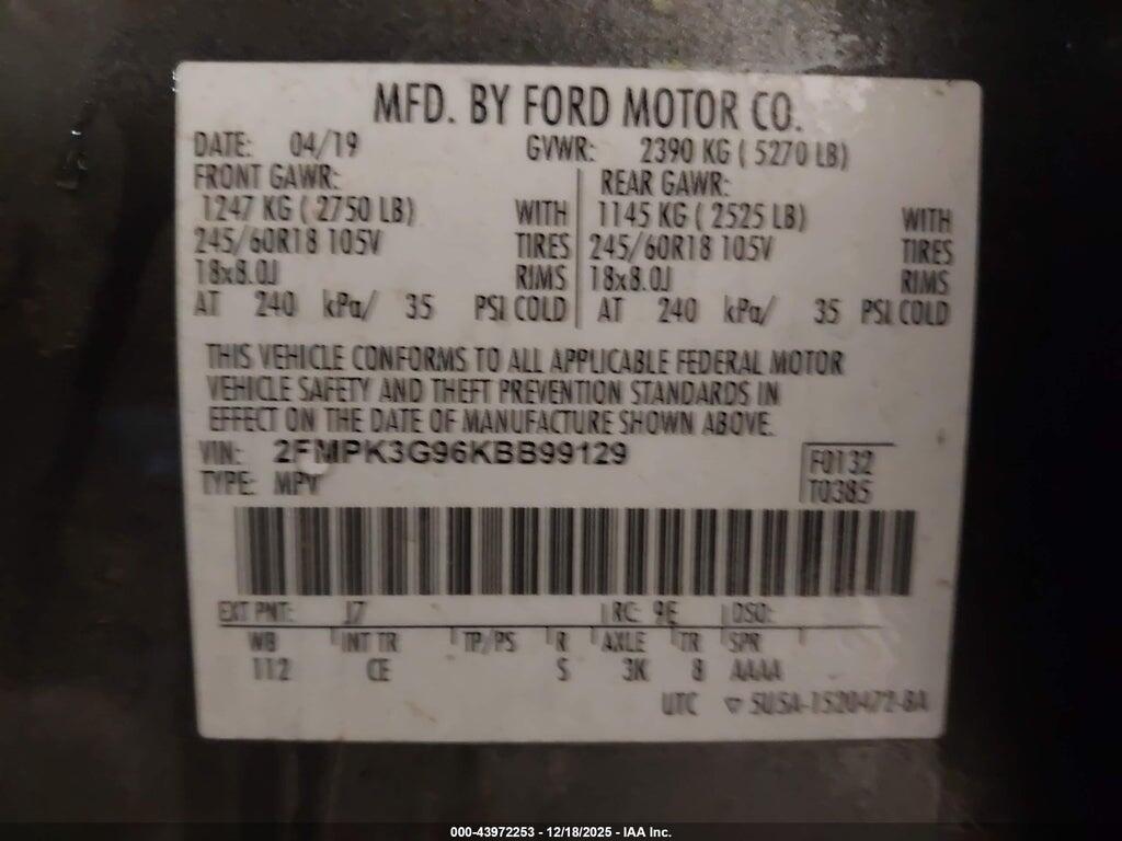 2FMPK3G96KBB99129 2019 FORD EDGE photo no. 9