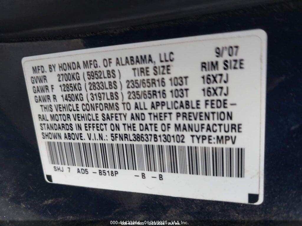 5FNRL38637B130102 2007 HONDA ODYSSEY photo no. 9
