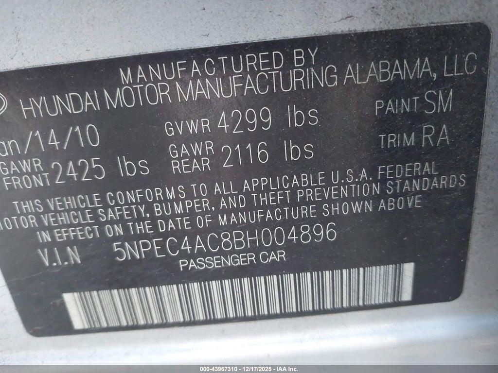 5NPEC4AC8BH004896 2011 HYUNDAI SONATA photo no. 9
