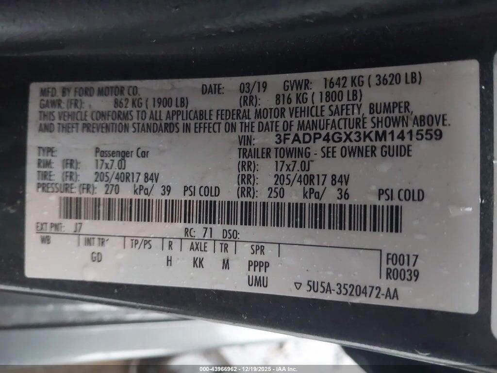 3FADP4GX3KM141559 2019 FORD FIESTA photo no. 9