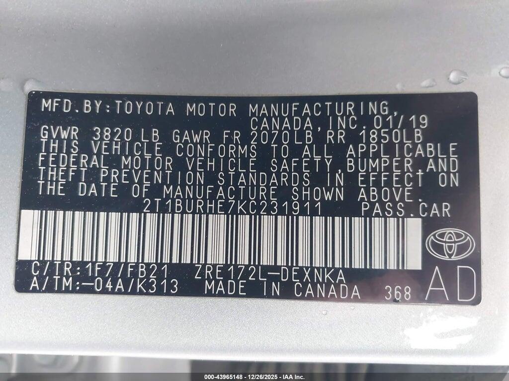 2T1BURHE7KC231911 2019 TOYOTA COROLLA photo no. 9