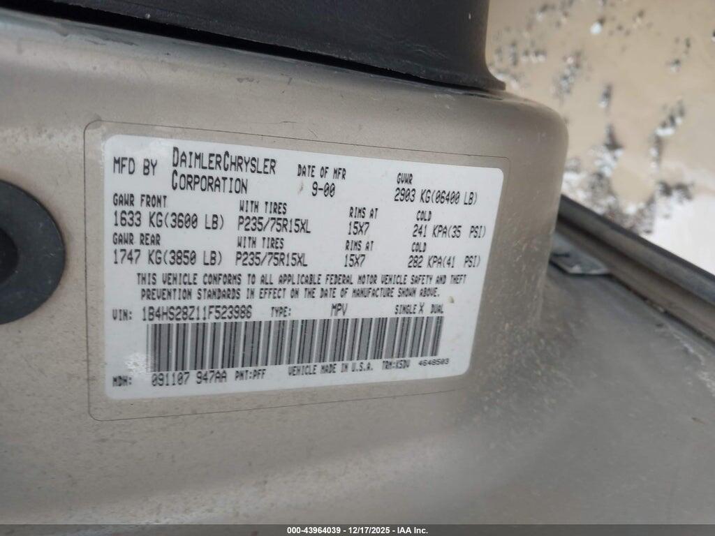1B4HS28Z11F523986 2001 DODGE DURANGO photo no. 9