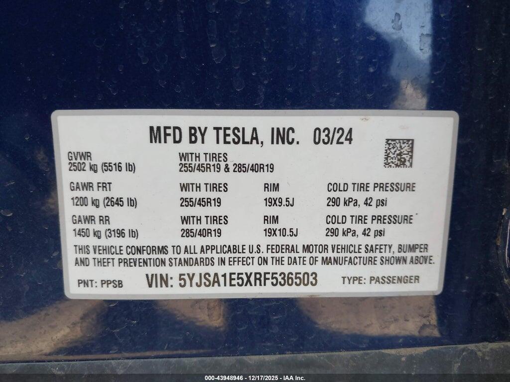 5YJSA1E5XRF536503 2024 TESLA MODEL S photo no. 9