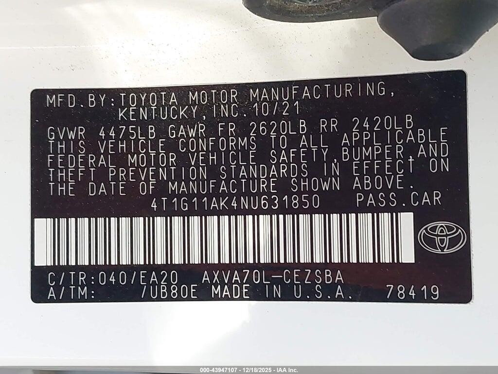 4T1G11AK4NU631850 2022 TOYOTA CAMRY photo no. 9