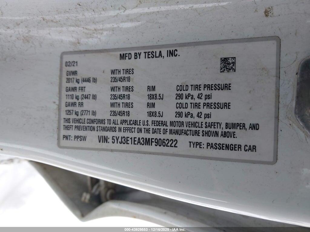 5YJ3E1EA3MF906222 2021 TESLA MODEL 3 photo no. 9