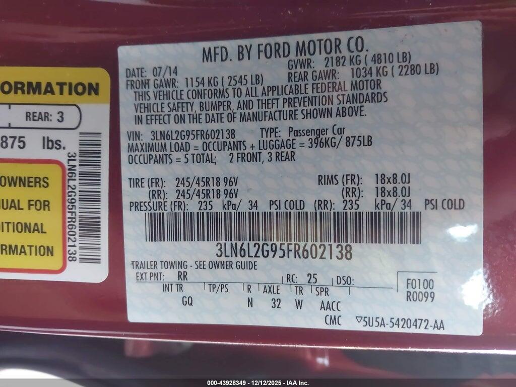 3LN6L2G95FR602138 2015 LINCOLN MKZ photo no. 9