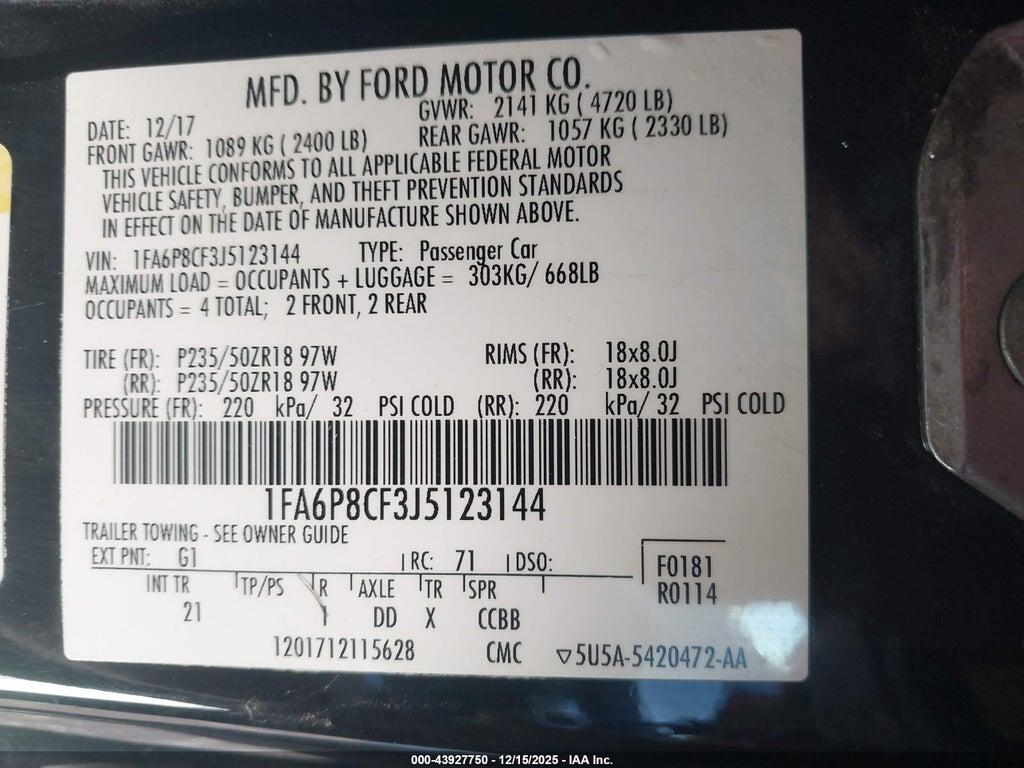 1FA6P8CF3J5123144 2018 FORD MUSTANG photo no. 9