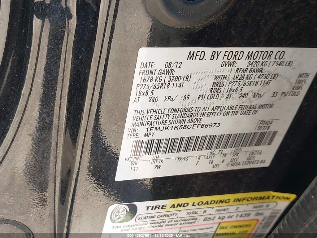 1FMJK1K58CEF66973 2012 FORD EXPEDITION EL photo no. 9