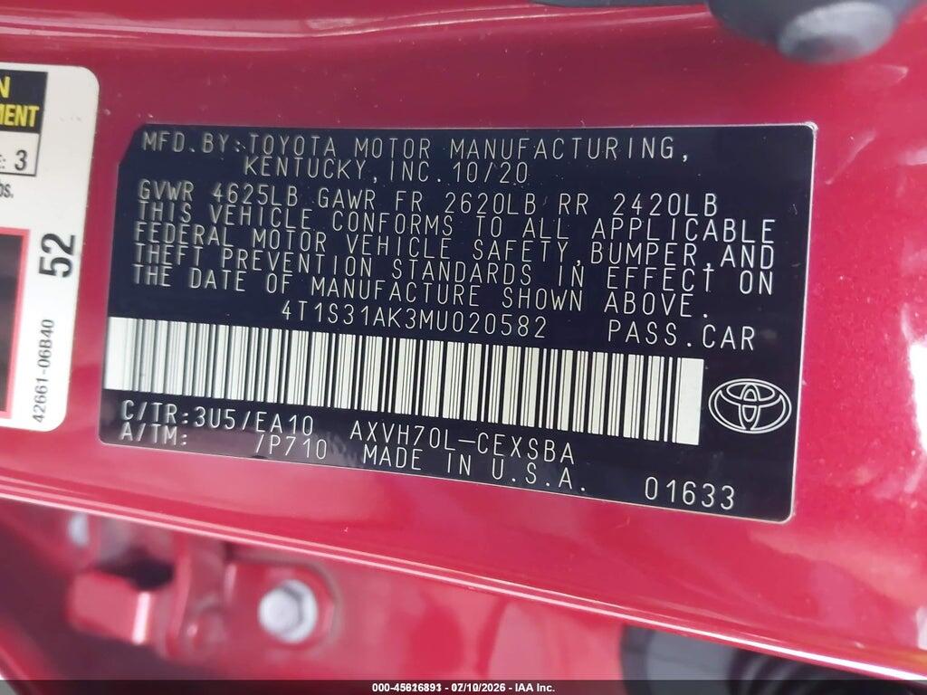 4T1S31AK3MU020582 2021 TOYOTA CAMRY photo no. 9