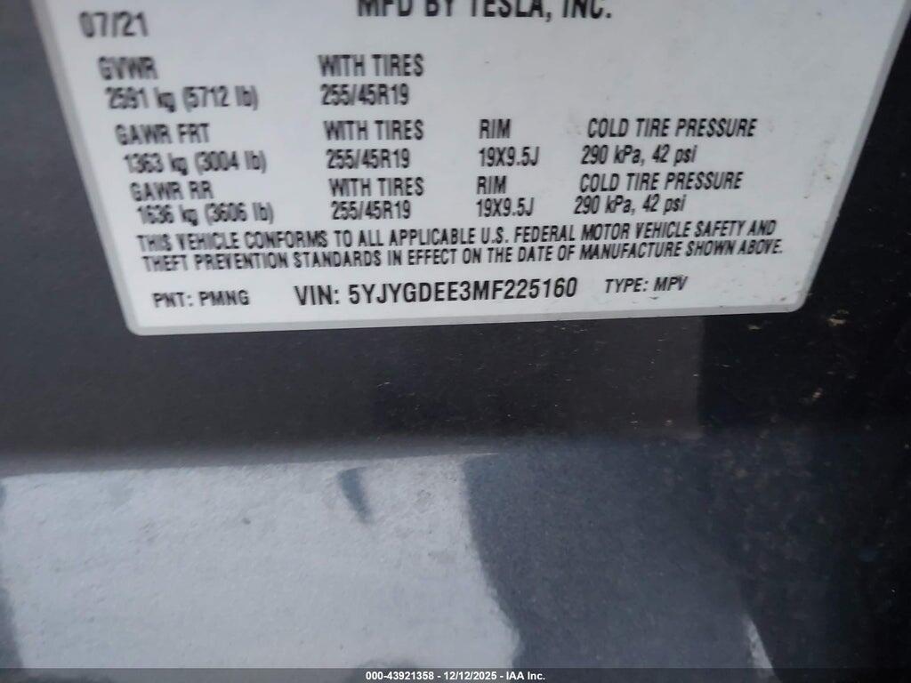 5YJYGDEE3MF225160 2021 TESLA MODEL Y photo no. 9