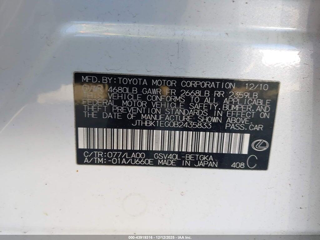 JTHBK1EG0B2435833 2011 LEXUS ES 350 photo no. 9